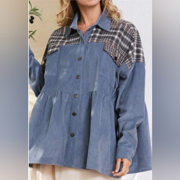 Ces Femme Blue Plaid Contrast Ribbed Oversized Jacket Shacket Baggy Top Shirt - Picture 5 of 12
